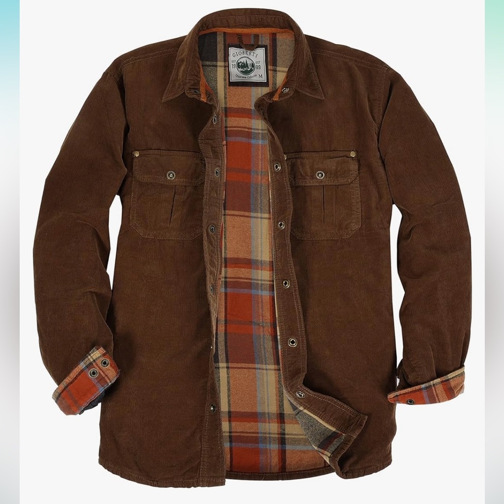 Gioberti Corduroy Shirt Jacket, Brown with plaid interior, XL